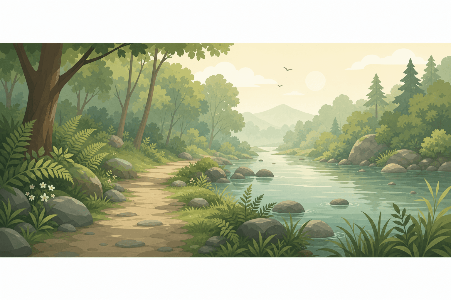 Soft illustrated landscape with gentle water and green hills